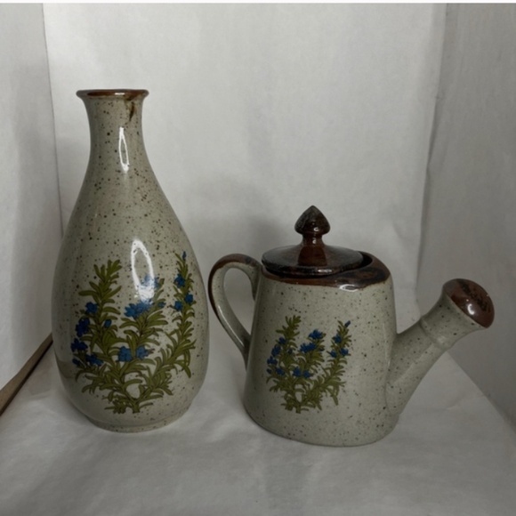 Takahashi Other - Vintage Takahashi Stoneware Gray Speckled 3 Pc Set with Blue Flowers Japan RARE
